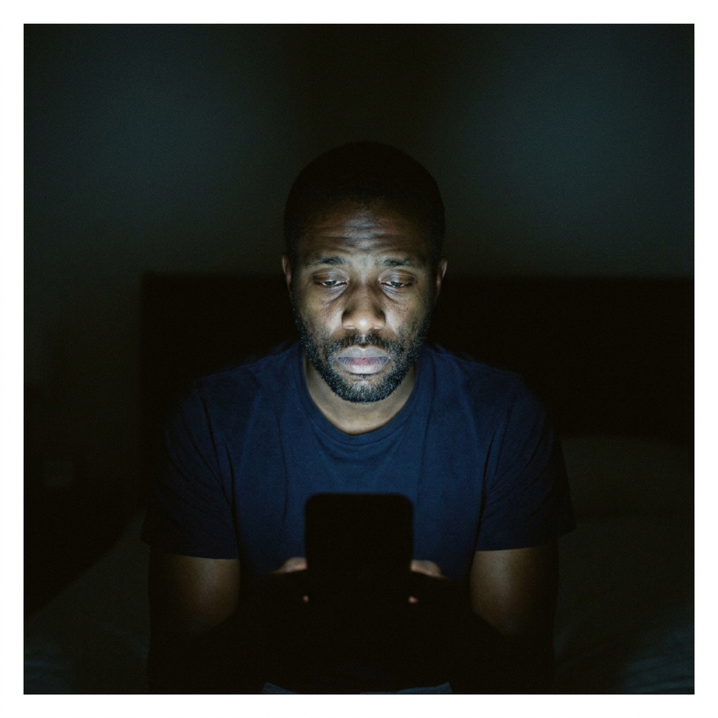 Man alone at night looking at his phone
